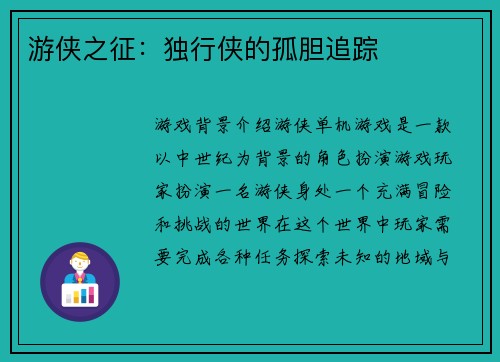 游侠之征：独行侠的孤胆追踪